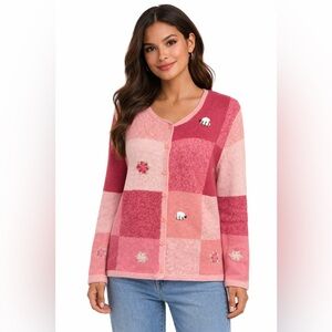 Vintage Patchwork Pink Cardigan Floral Embroidered Bee Button Up Sweater